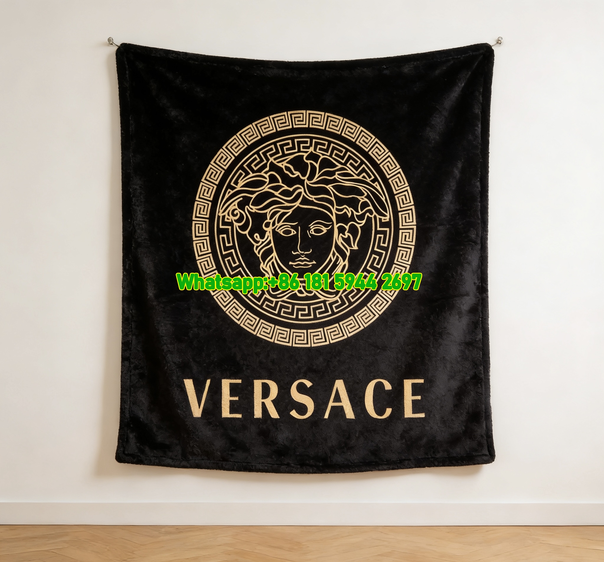 Versace Black Gold Carbon Fiber Medusa Greek Key Printed Flannel Throw Blanket IMG_1279